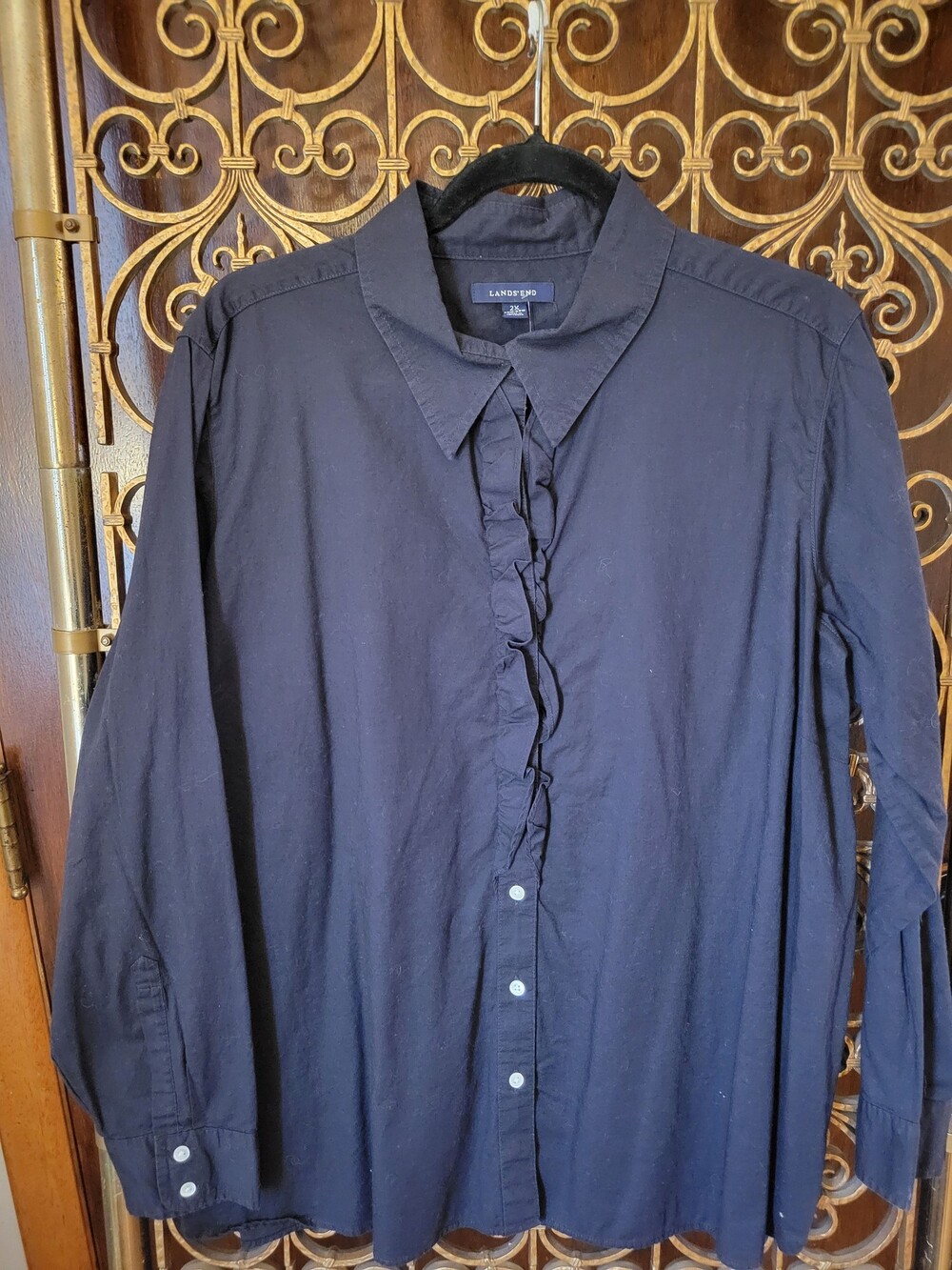 2009 Lands' End 2X Navy Long Sleeve Shirt with Ruffle Detail